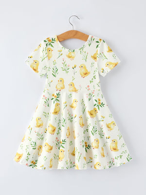 Easter Chick Floral Girls Twirl Short Sleeve Dress