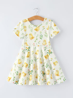 Easter Chick Floral Girls Twirl Short Sleeve Dress
