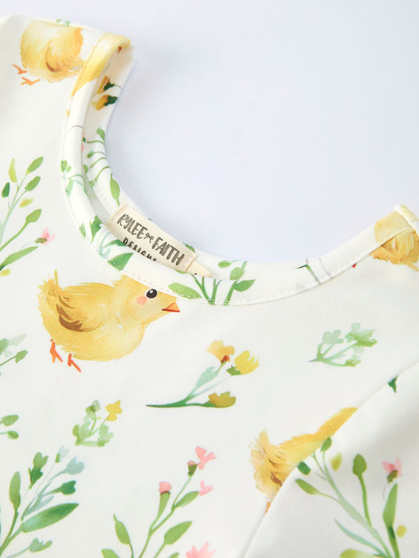 Easter Chick Floral Girls Twirl Short Sleeve Dress