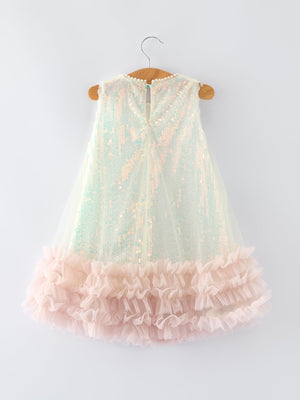 Iridescent Sequin Bow Ruffle Tulle Girls Dress