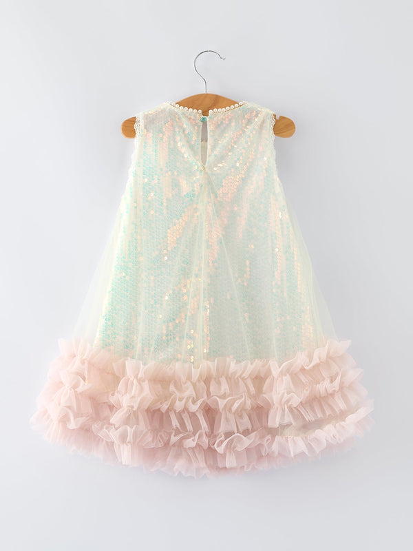 Iridescent Sequin Bow Ruffle Tulle Girls Dress