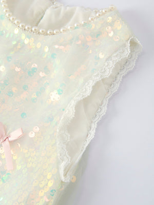 Iridescent Sequin Bow Ruffle Tulle Girls Dress