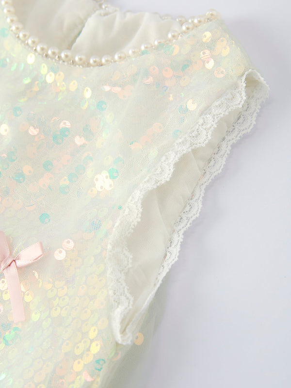Iridescent Sequin Bow Ruffle Tulle Girls Dress