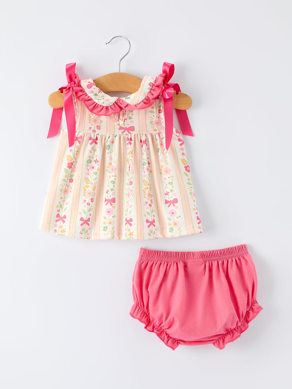 Spring Floral Bow Ruffle Girl Bloomer Set