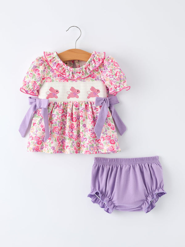 Easter Colorful Floral Bunny Embroidery Bow Ruffle Girl Bloomer Set