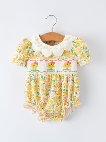 Easter Yellow Chick Embroidery Floral Baby Girl Romper - Cute and stylish outfit for infants.