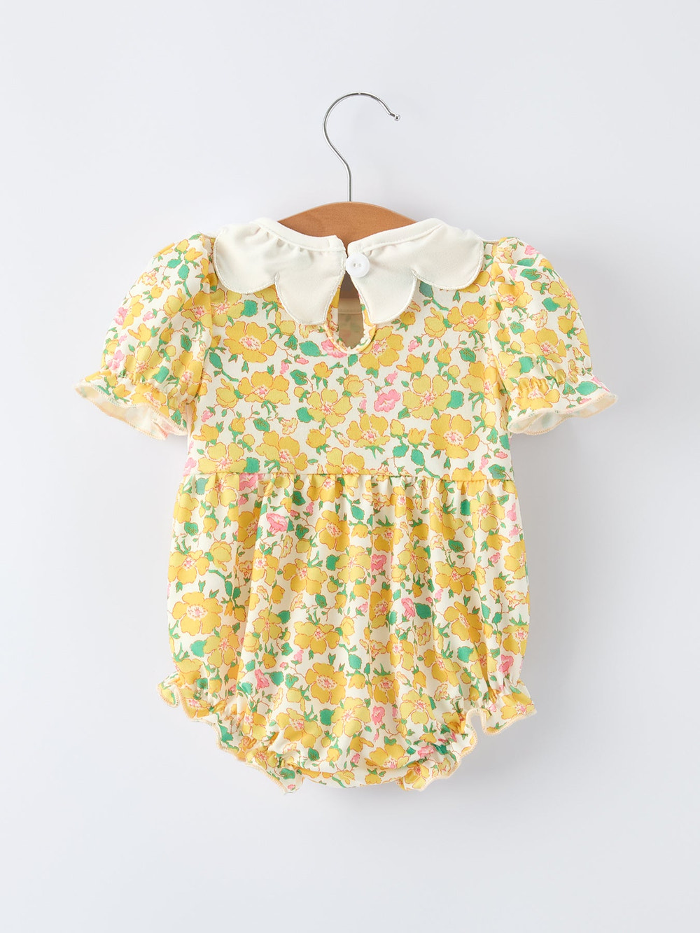Easter Yellow Chick Embroidery Floral Baby Girl Romper - Cute and stylish outfit for infants.