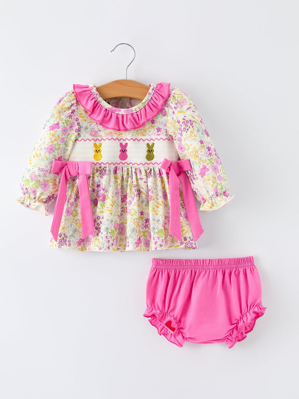 Easter Pink Bunny Embroidered Floral Long-Sleeved Girl Bloomer Set for infants and toddlers. Perfect spring outfit!