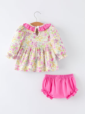 Easter Pink Bunny Embroidered Floral Long-Sleeved Girl Bloomer Set - Angle 2 view showcasing adorable design.
