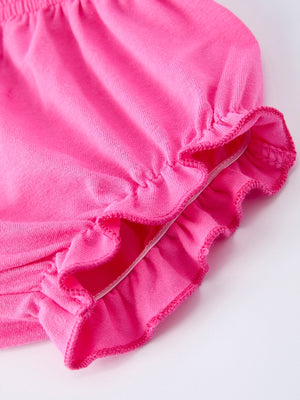 Easter pink bunny embroidered floral long-sleeved girl bloomer set, angle 3 view showcasing cute design.