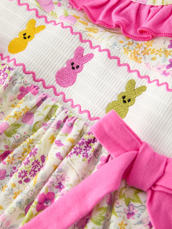 Easter pink bunny embroidered floral long-sleeved girl bloomer set, angle 4 view showcasing adorable design.