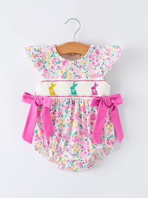 Easter floral bunny bow smocking embroidery romper for baby girls, colorful and charming design.