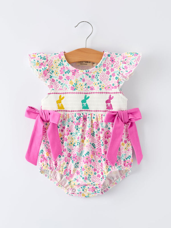 Easter floral bunny bow smocking embroidery romper for baby girls, colorful and charming design.