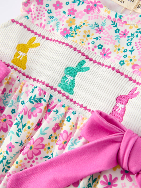 Easter floral bunny bow smocking embroidery baby girl romper, colorful design, angle view 4. Perfect for spring outfits.