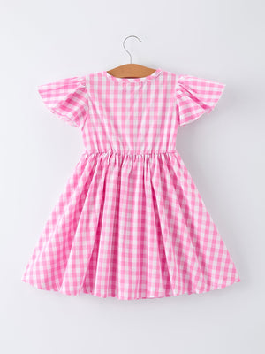 Spring Plaid Girls Dress Bow Flutter Sleeve