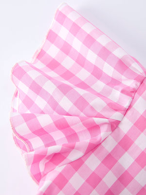 Spring Plaid Girls Dress Bow Flutter Sleeve