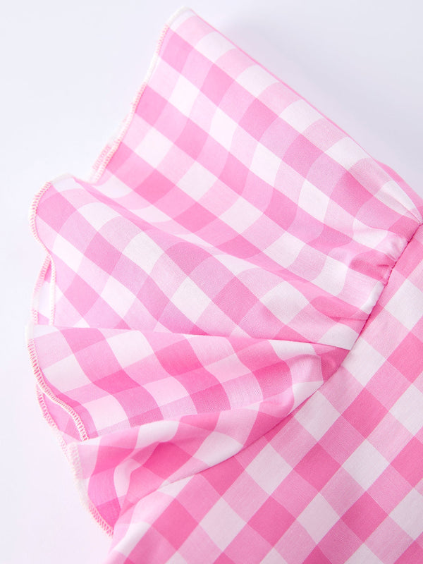 Spring Plaid Girls Dress Bow Flutter Sleeve