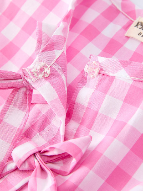 Spring Plaid Girls Dress Bow Flutter Sleeve