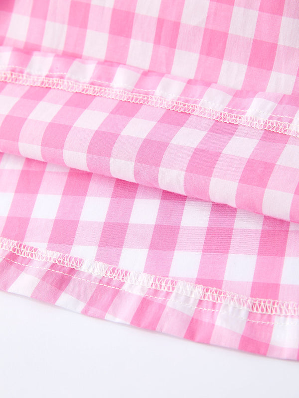 Spring Plaid Girls Dress Bow Flutter Sleeve