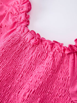 Spring Hot Pink Short-sleeved Girls Jumpsuit