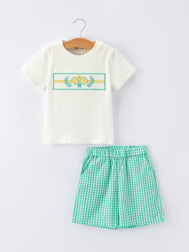 Pickle Ball Spring Gingham Embroidered Smocked Green Boys Shorts Set