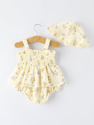 Muslin Floral Smocked Baby Romper with Matching Hat