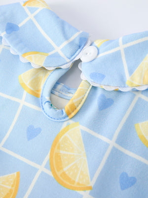 Summer Lemon Print Girls Puff Sleeve Dress
