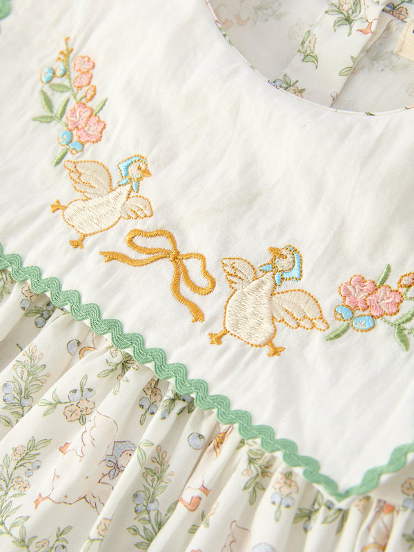 Vintage Floral Duck Embroidery Spring Girl Dress