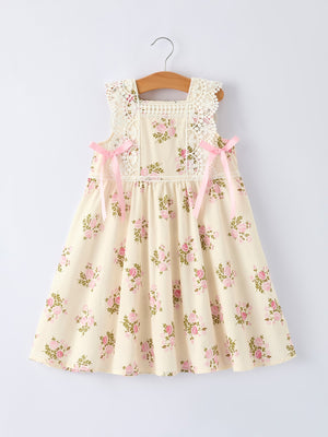 Lace-trimmed Bow Girls' Dress-Pink/Blue