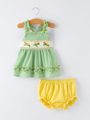Spring Turtle Smocked Baby Girls Bloomers Set
