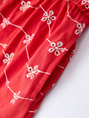 Red Color Girl Bow Strap Ruffle Dress