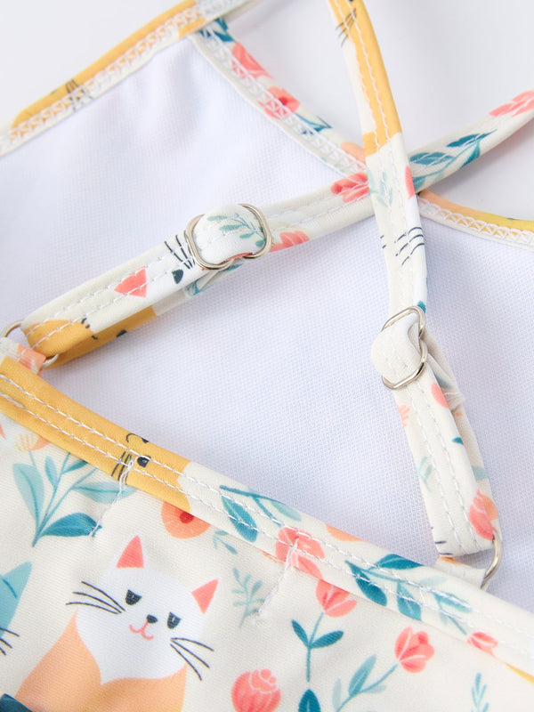 Summer Cat Print Girls Two Piece Swimsuit