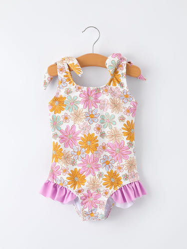 Floral Print Girls Ruffle Leg One Piece Swimsuit