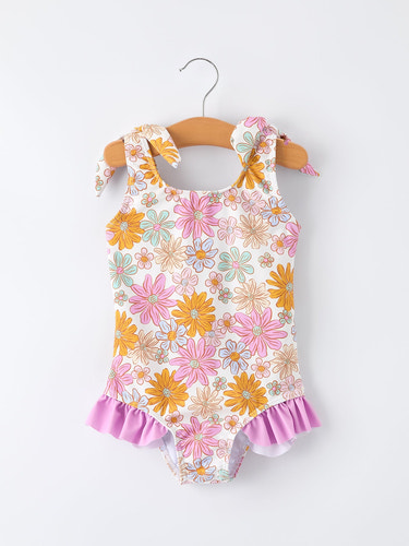 Floral Print Girls Ruffle Leg One Piece Swimsuit