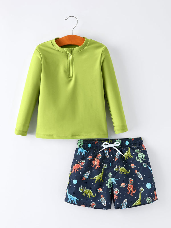 Space Dinosaur Boys Two Piece Swimsuit Long Sleeve