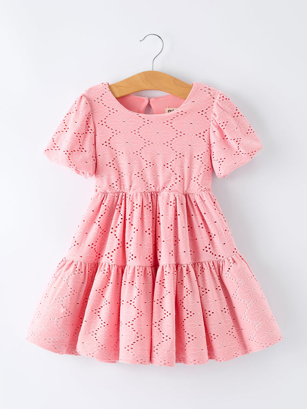 Pink Eyelet Embroidered Girl Short Sleeve Dress 6