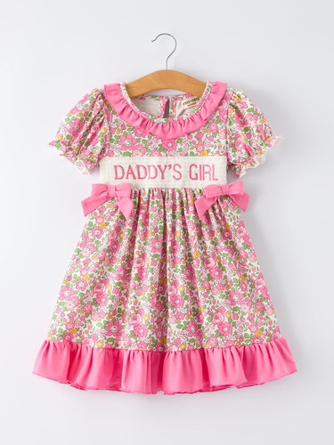 "DADDY'S GIRL Bow Embroidered Ruffle Collar Dress for girls, perfect for special occasions."