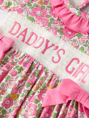"DADDY'S GIRL Bow Embroidered Ruffle Collar Dress for girls, stylish and adorable, angle view."
