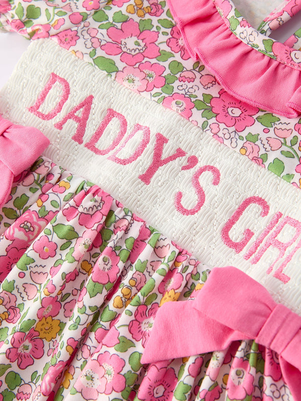 "DADDY'S GIRL Bow Embroidered Ruffle Collar Dress for girls, stylish and adorable, angle view."