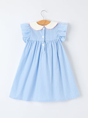 Blue Stripe Girl Dress Petal Peter Pan Collar Bow