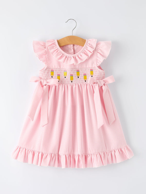 Back to School Pencil Plaid Girls Smocked Ruffle Collar Dress