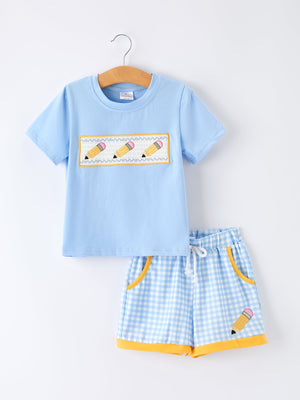 Back to School Pencil Boys Set Applique Plaid Shorts