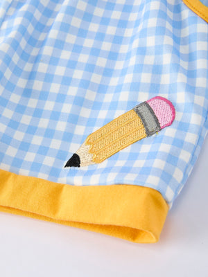 Back to School Pencil Boys Set Applique Plaid Shorts