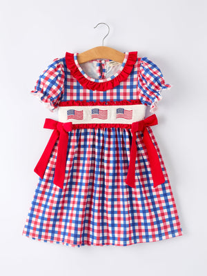 4th of July Plaid Flag Girl Dress With Bow