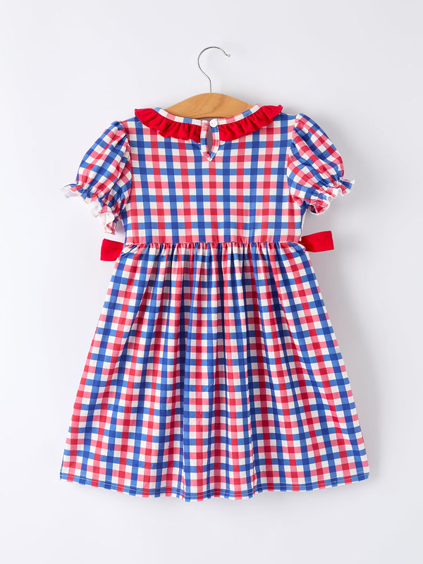 4th of July Plaid Flag Girl Dress With Bow