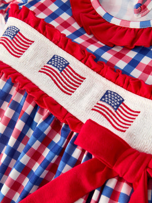4th of July Plaid Flag Girl Dress With Bow