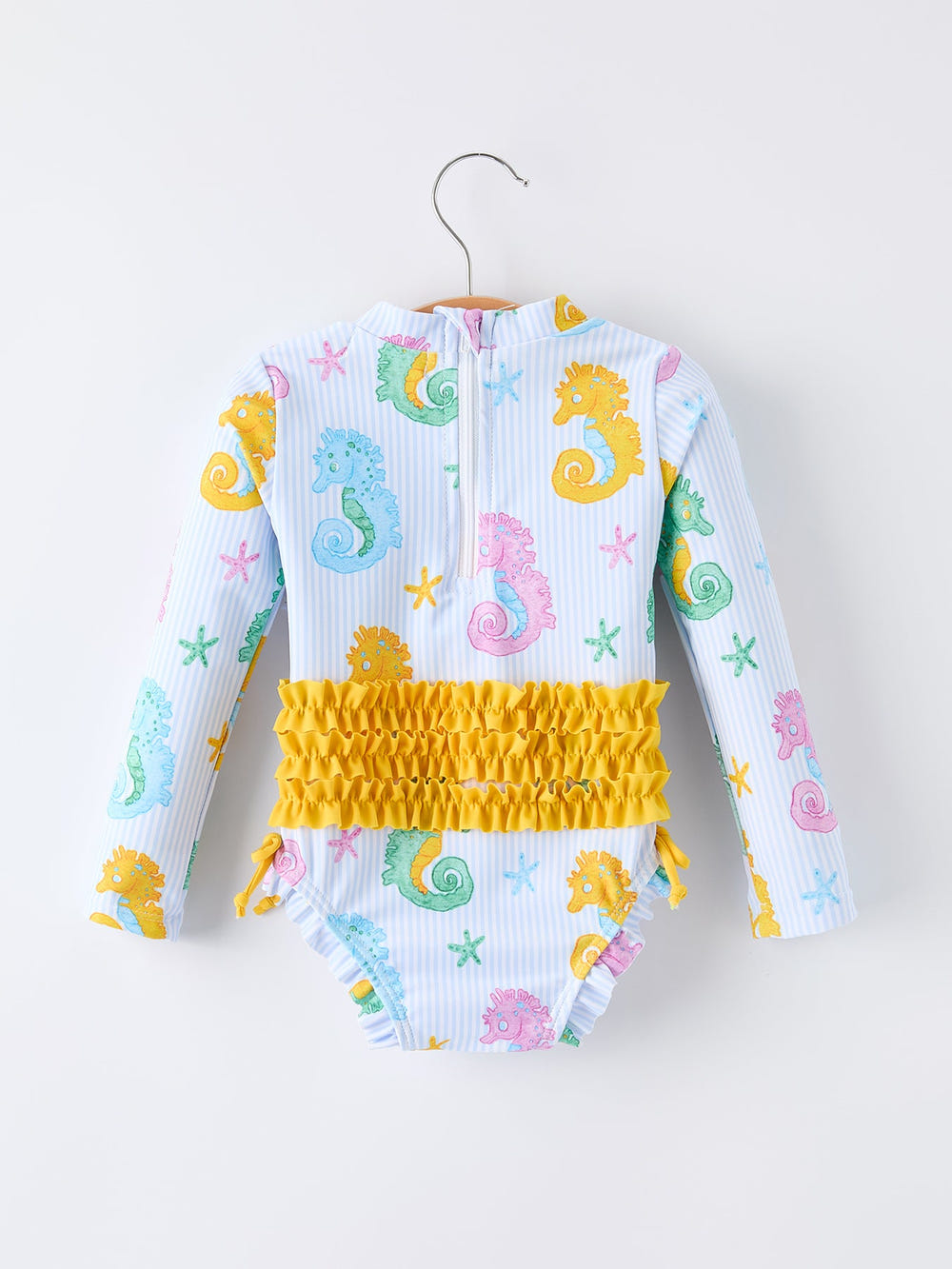 Summer Seahorse Print Girl Long Sleeve Ruffle One Piece Swimsuit