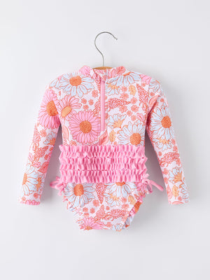 Summer Daisy Floral Girl Long Sleeve Ruffle One Piece Swimsuit