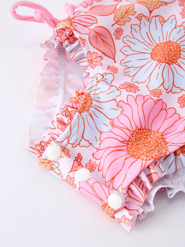 Summer Daisy Floral Girl Long Sleeve Ruffle One Piece Swimsuit