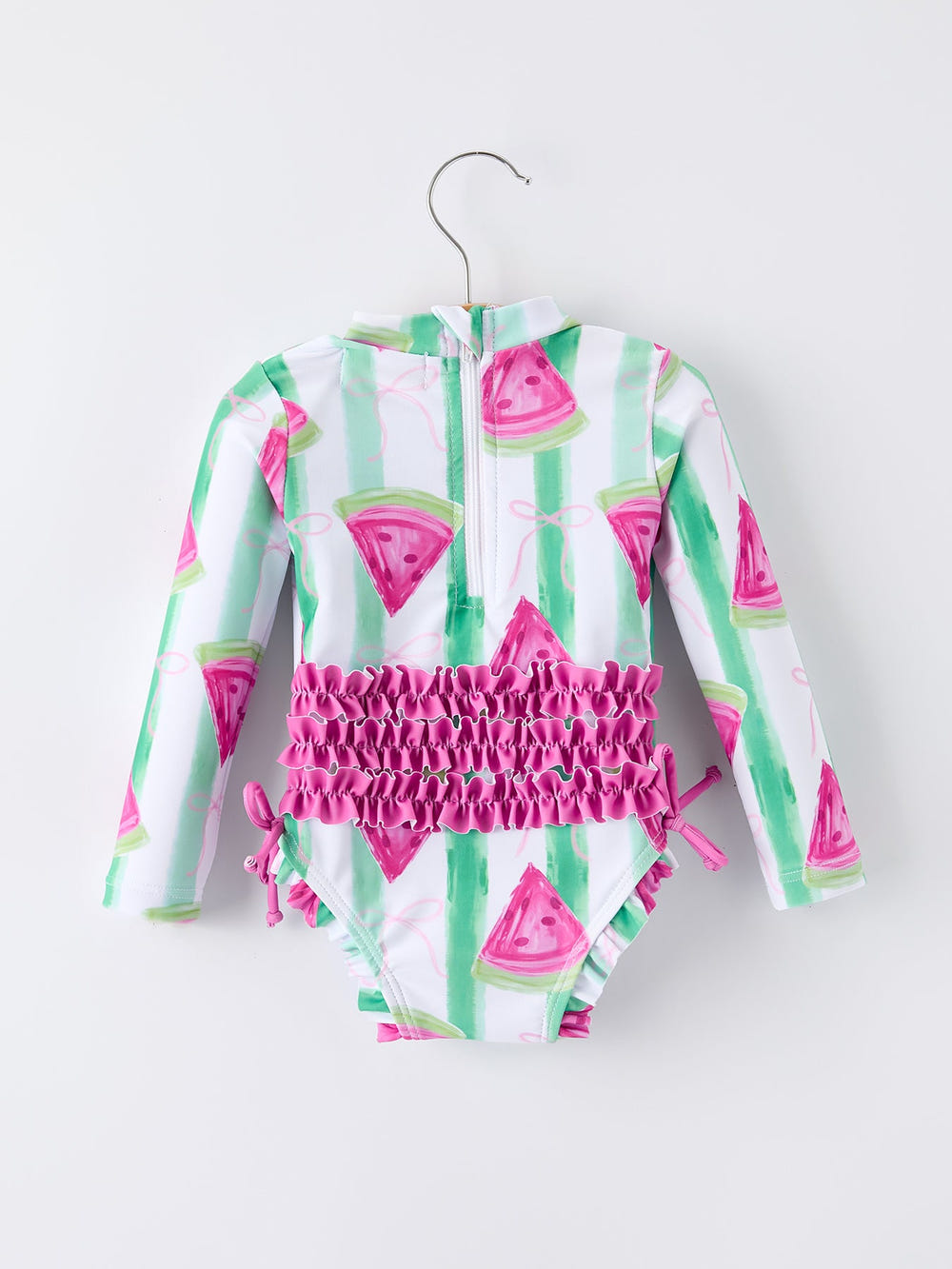 Summer Watermelon Print Girl Long Sleeve Ruffle One Piece Swimsuit